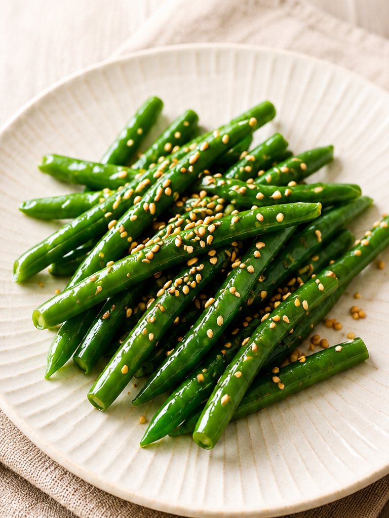 Green beans tossed with everything sauce and toasted sesame